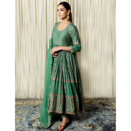 Green Gathered Anarkali Set